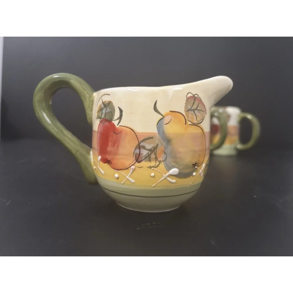 Gibson Fruit Creamer Sugar/Lid Salt and Pepper Shakers Green Handle Farmhouse